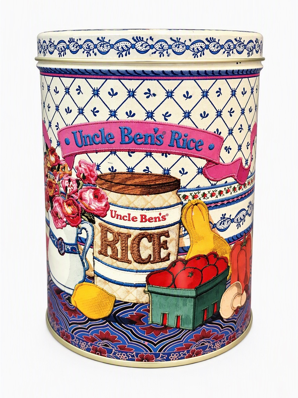 Vintage 1987 Uncle Ben's Rice Tin Canister Embroidered Vegetable Design